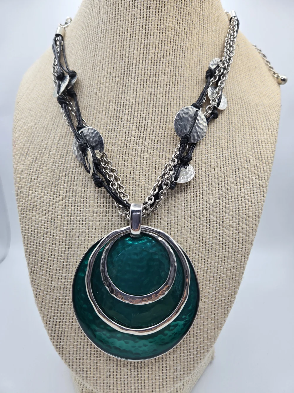 Chico's Green Teal Silver Layered Disc Pendant Necklace Mermaid Boho Bold Chic